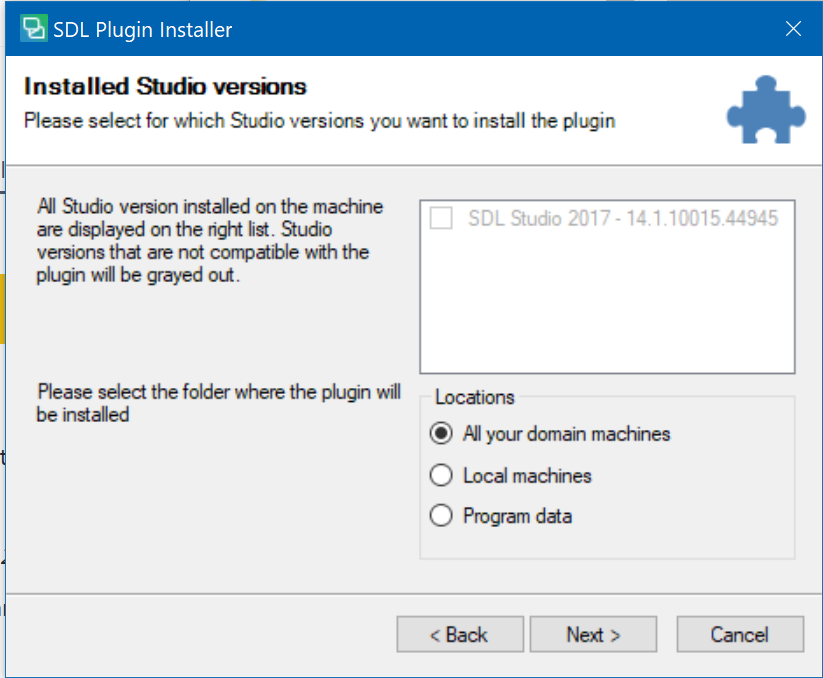 SDL Plugin Installer dialog showing Installed Studio versions with only SDL Studio 2017 - 14.1.10015.44945 listed, and options for plugin installation location.