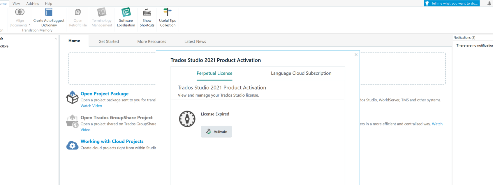 Trados Studio 2021 Product Activation window showing 'Perpetual License' tab with a warning icon and message 'License Expired' and an 'Activate' button.