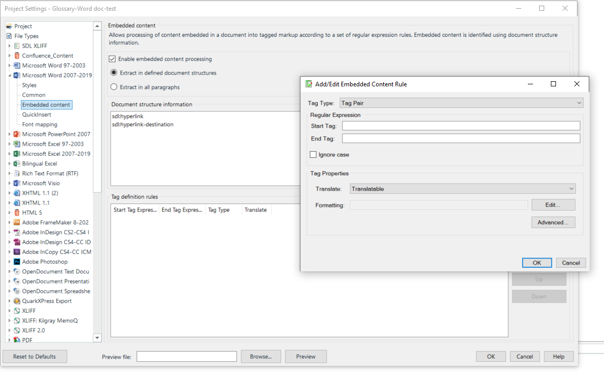 Screenshot of Trados Studio file type settings for docx Embedded Content with fields for Tag Type, Regular Expression, Start Tag, and End Tag.