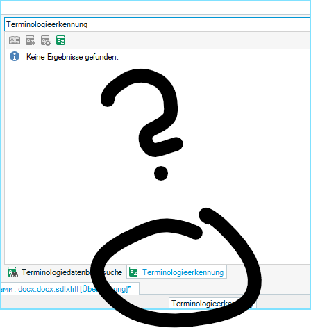Screenshot of Trados Studio showing the Terminology Recognition window with a message 'Keine Ergebnisse gefunden' indicating no results found.