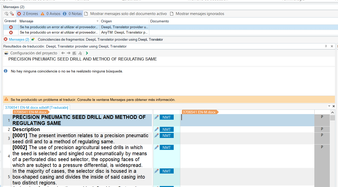 Screenshot of Trados Studio showing two error messages from DeepL Translator provider and AnyTM: DeepL Translator provider. The translation results section displays 'No matches found or no search performed.' An error message at the bottom reads 'There was a problem translating. Check the Messages window for more information.'