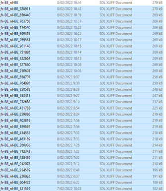Screenshot of Windows Explorer showing multiple SDL XLIFF documents with similar names followed by a 6-figure number, indicating duplicated files created by Trados Studio.