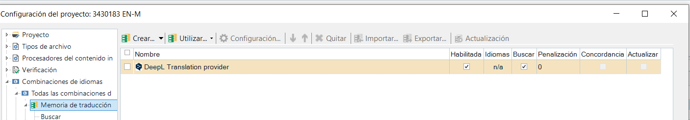 Trados Studio project settings window showing DeepL Translation provider added with no language pairs or penalties set.