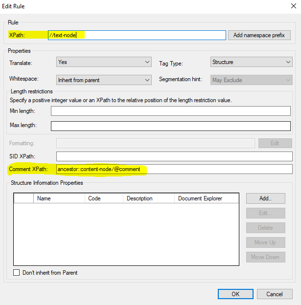 Trados Studio Edit Rule dialog box showing XPath field with value 'text-node' and Comment XPath field with value 'ancestor::content-node@comment'.