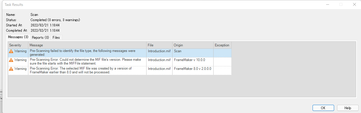 Trados Studio task results window showing three warnings related to pre-scanning file type and FrameMaker version errors.