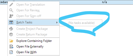 Trados Studio right-click context menu with 'Batch Tasks' expanded showing a message 'No tasks available'.