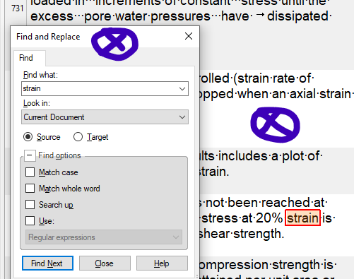 Screenshot of Trados Studio with the search window open, displaying an error with a purple 'X' symbol. The 'Find what' field contains the word 'strain'. The search window is not staying on top of the main interface.