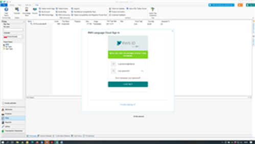 Screenshot of Trados Studio displaying an RWS Language Cloud login error message stating 'Your RWS ID is not linked to any RWS Language Cloud account, Create an account or contact your RWS Language Cloud account administrator.'