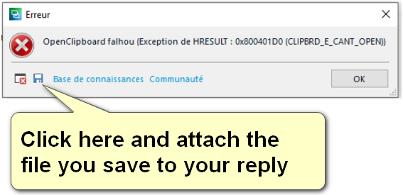 Error dialog box in Trados Studio with message 'OpenClipboard failed (Exception de HRESULT : 0x800401D0 (CLIPBRD_E_CANT_OPEN))' and buttons for 'Knowledge Base' and 'Community'.