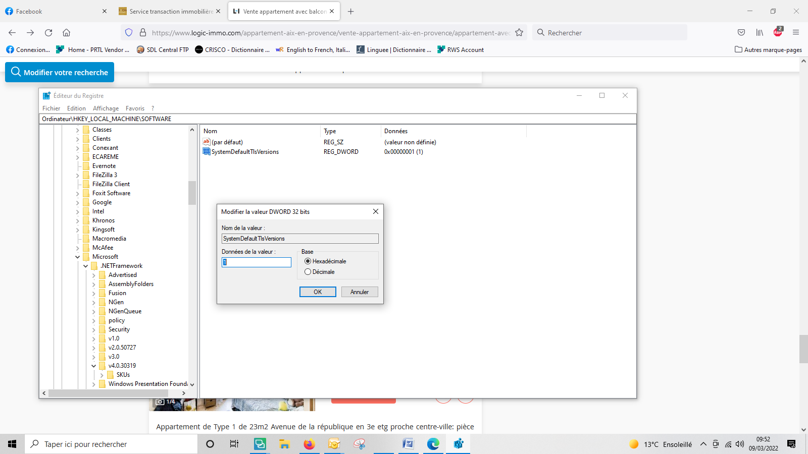 Screenshot of Trados Studio error message in Registry Editor window, showing a modification of the DWORD 32-bit value for SystemDefaultTlsVersions with data value 0x00000001 (1).