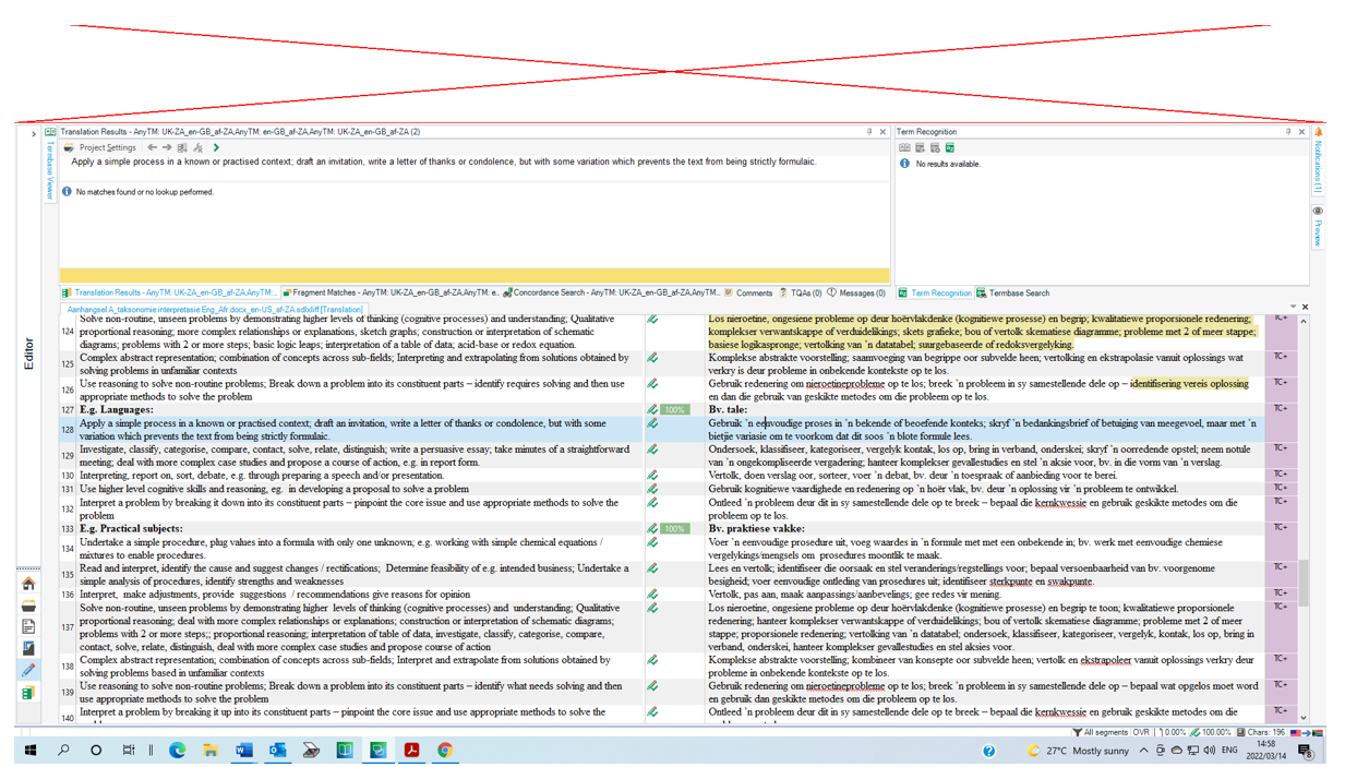 Screenshot of Trados Studio Editor with a large red X across the banner area indicating an error. The Translation Results pane is open with a message 'No match found for no lookup performed.'