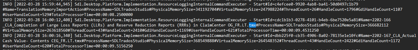 Log file showing INFO messages with timestamps, process names, memory sizes, and thread counts for Trados Studio Translation Memory Import Action.