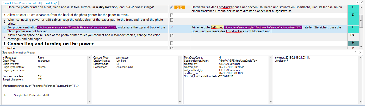 Trados Studio interface showing Segment Information Viewer with file name 'SamplePhotoPrinter.doc.sdlxliff' and translation segment details.