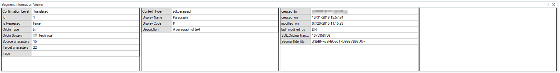 Segment Information Viewer in Trados Studio displaying metadata for a translated segment, including confirmation level and context type.