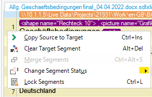 Trados Studio right-click menu with 'Change Segment Status' option highlighted, indicating the action to change the status of segments.