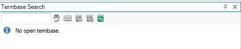 Screenshot of Trados Studio's Termbase Search window displaying a message 'No open termbase.'