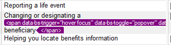 Screenshot displaying HTML code for a popover definition, with 'span' tags around the word 'beneficiary' in Trados Studio.