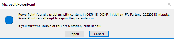 Microsoft PowerPoint error message stating 'PowerPoint found a problem with content in file name. PowerPoint can attempt to repair the presentation.' with options to 'Repair' or 'Cancel'.