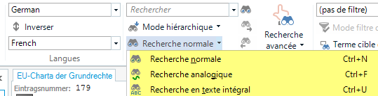 Trados Studio screenshot displaying search options with 'Recherche en texte int gral' selected, indicating a full text search in the termbase.
