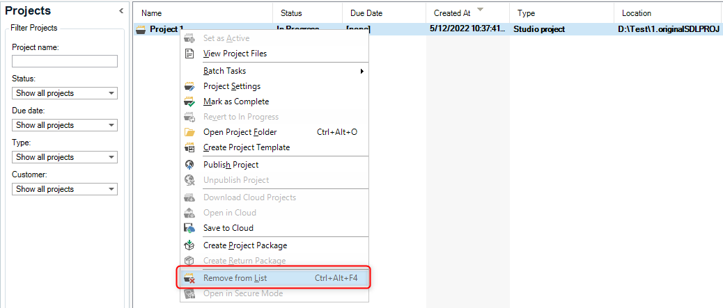Context menu in Trados Studio with 'Remove from List' option highlighted for Project 1.