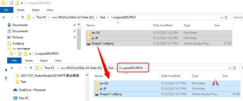Windows Explorer showing the original and copied SDLPROJ folders for Project 1.