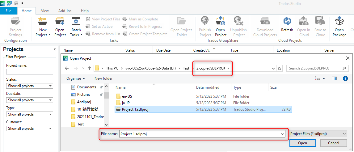 Open Project dialog in Trados Studio with the copied SDLPROJ folder selected.