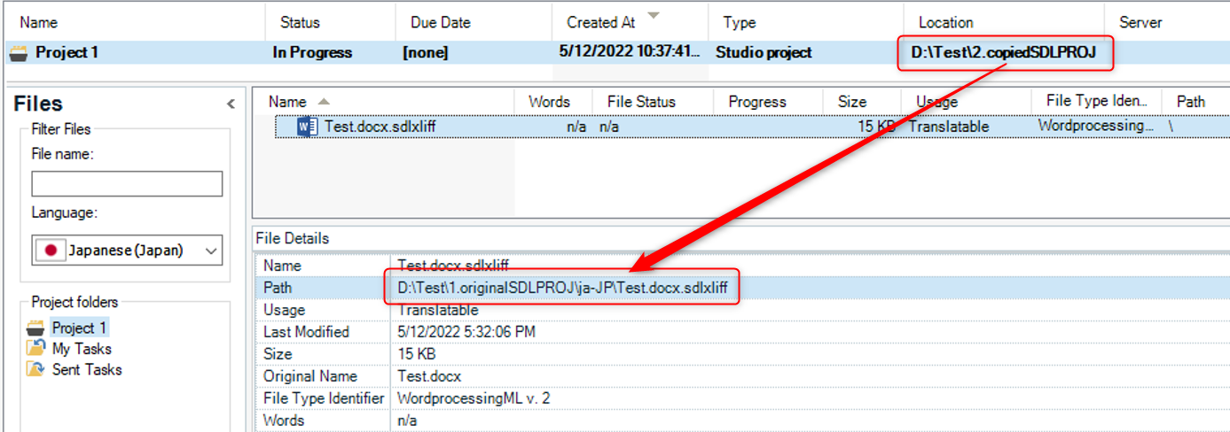 Files view in Trados Studio showing the file path for Test.docx.sdlxliff pointing to the original project folder instead of the copied one.