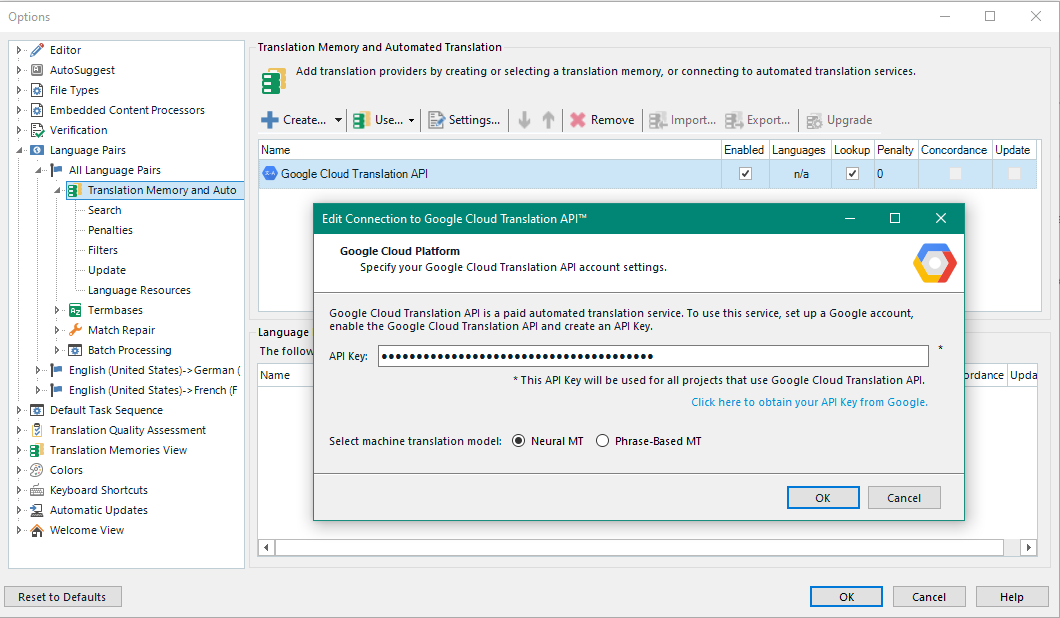 Trados Studio settings window showing the Google Cloud Translation API configuration with an obscured API key field and options for Neural MT and Phrase-Based MT.