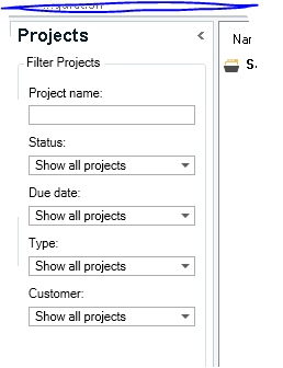 Trados Studio SR2 16.2.10 9305 screenshot showing the Projects filter panel with options for Project name, Status, Due date, Type, and Customer.