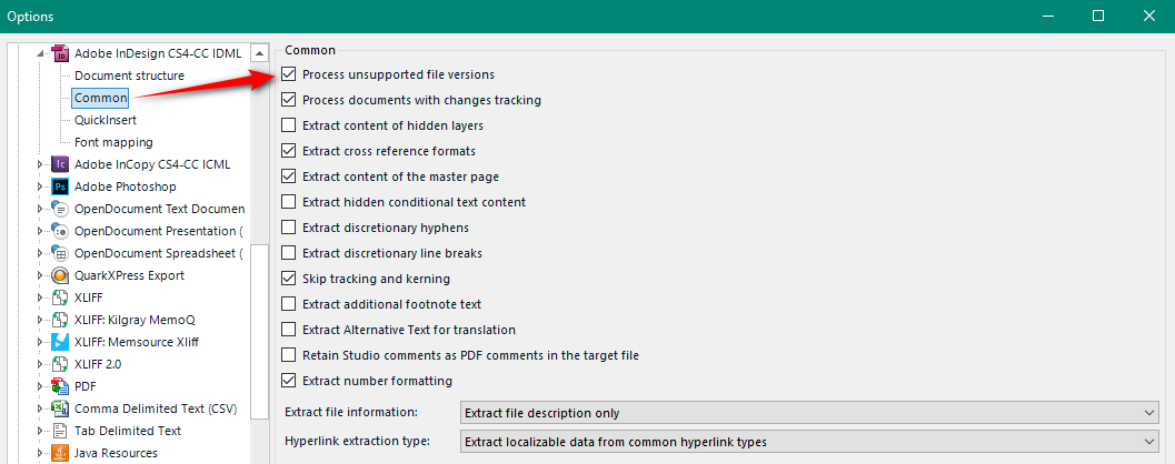 Trados Studio options menu with 'Adobe InDesign CS4-CC IDML' selected, showing various settings such as 'Process unsupported file versions' and 'Extract content of hidden layers'.