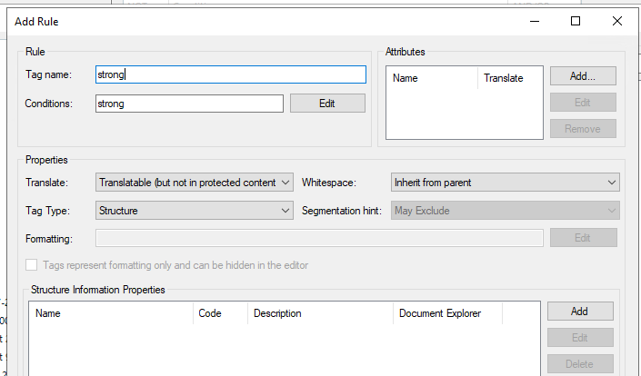 Screenshot of the 'Add Rule' dialog in Trados Studio with the 'strong' tag selected, showing options for Translate, Tag Type, and Segmentation hint.