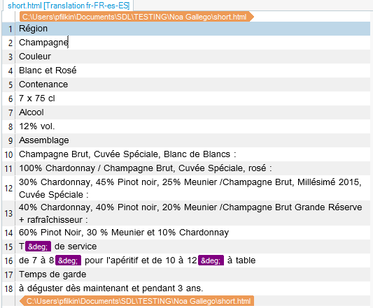 Screenshot of Trados Studio interface with a file path at the top, followed by a list of wine details in French, and a highlighted section indicating translation from French to Spanish.