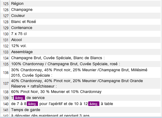 Screenshot of HTML code in Trados Studio with highlighted text showing wine details such as region, color, content, alcohol percentage, blend, serving temperature, and storage time.