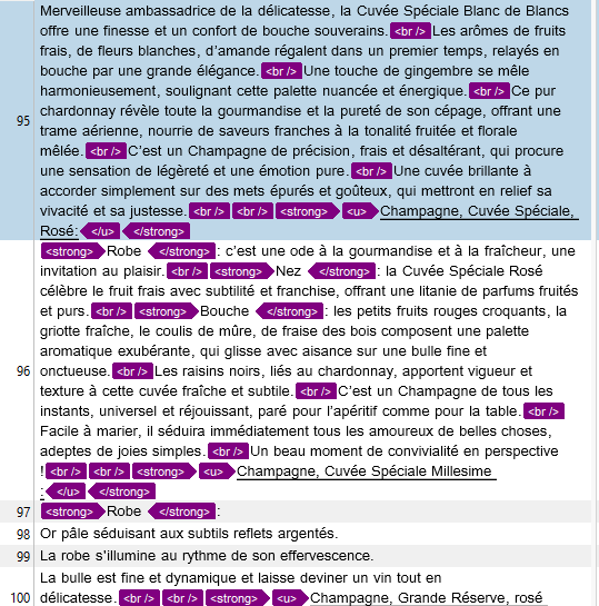 Screenshot of Trados Studio showing text with HTML tags, no visible errors or warnings.