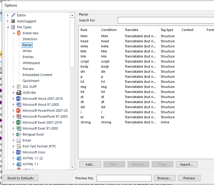 Trados Studio options menu showing 'strong' rule added as inline and translatable under the Parser section for HTML file types.