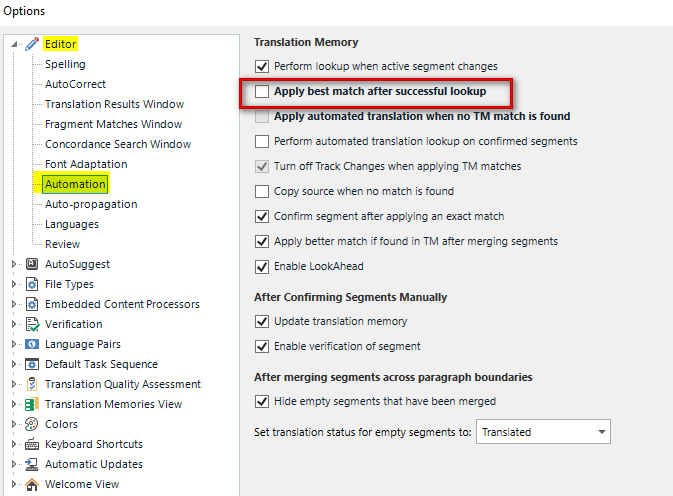 Trados Studio options menu with 'Editor' expanded showing 'Automation' settings. 'Apply best match after successful lookup' is checked.