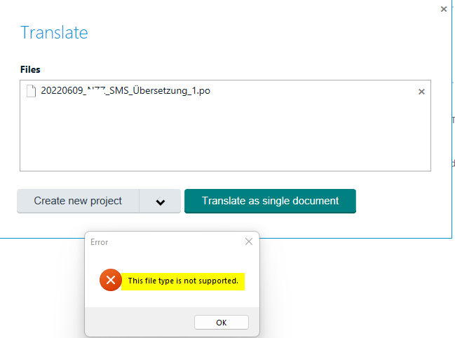 Trados Studio error message window stating 'This file type is not supported' with an 'OK' button.