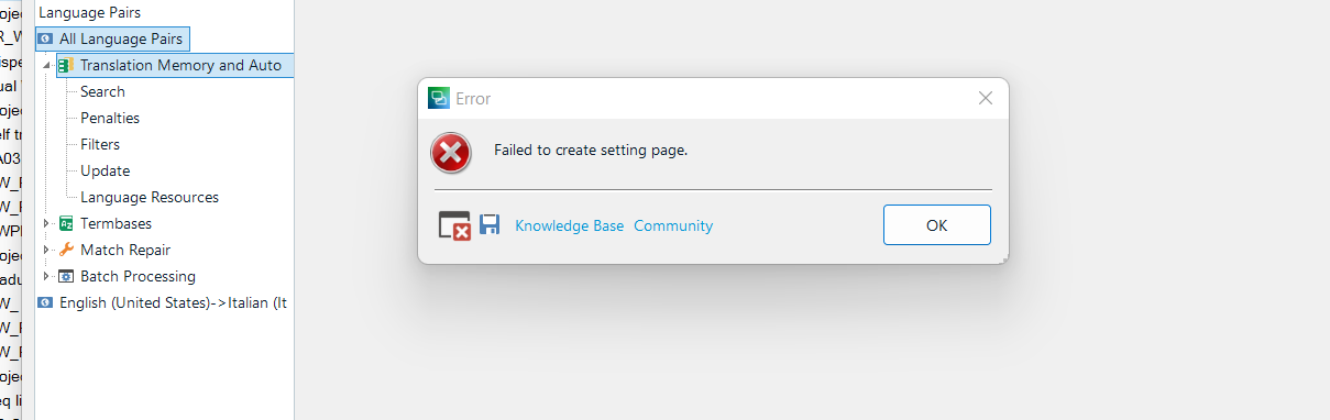 Error dialog box in Trados Studio stating 'Failed to create setting page' with options for Knowledge Base and Community.
