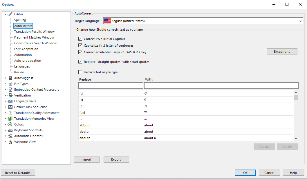 Trados Studio AutoCorrect options window showing settings for correcting text such as 'Correct Two Initial Capitals', 'Capitalize first letter of sentences', and 'Correct accidental usage of CAPS LOCK key'.