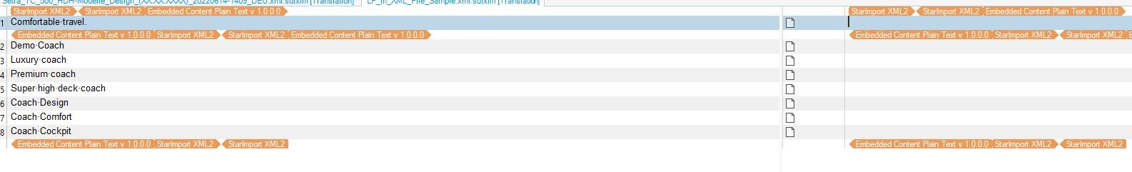 Trados Studio interface with segments listed and a warning for 'Embedded Content Plain Text v 1.0.0.0' and 'StairImport XML2'.