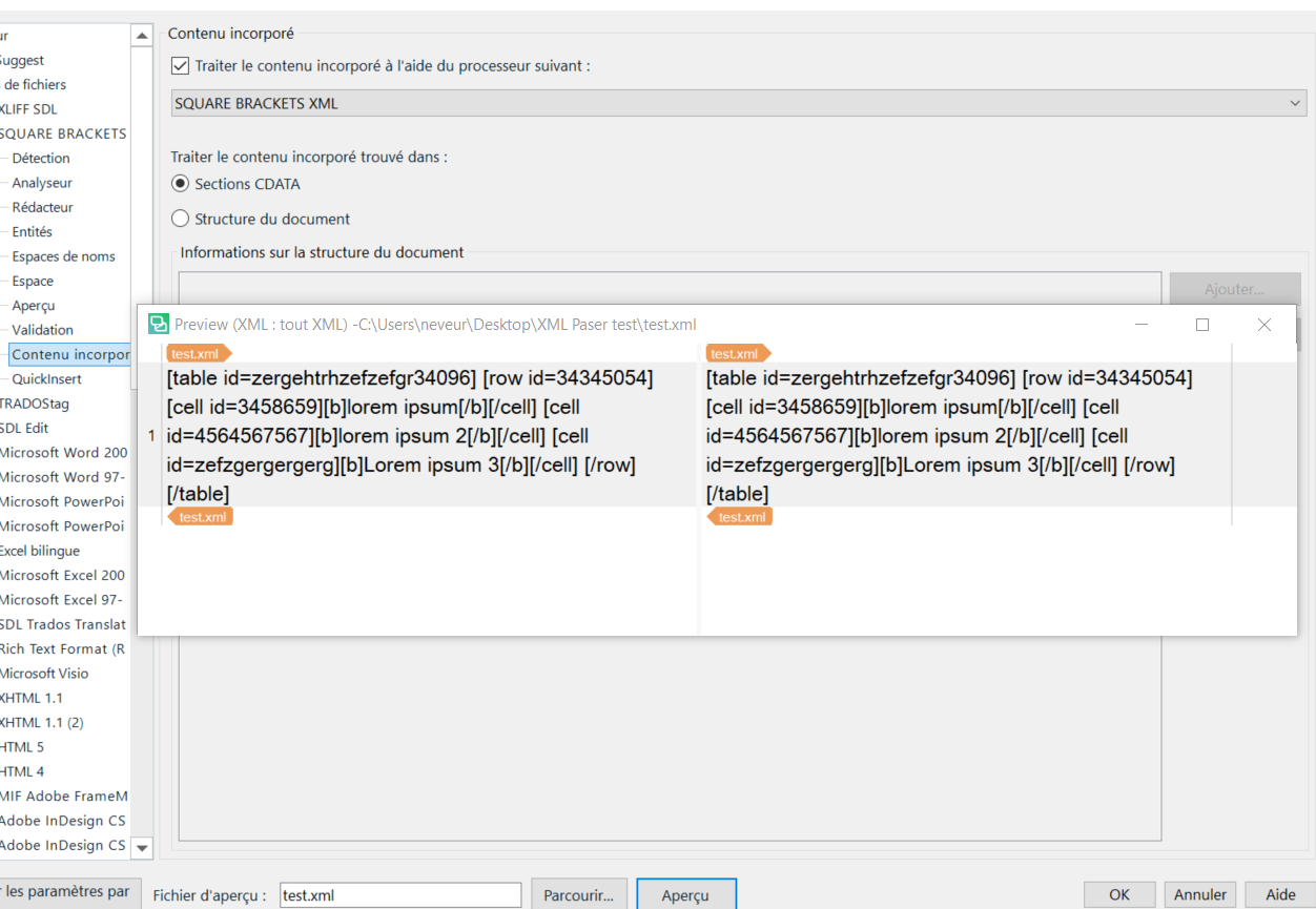 Trados Studio preview window displaying XML content with square brackets, indicating that the regular expression rules may not be applied correctly.