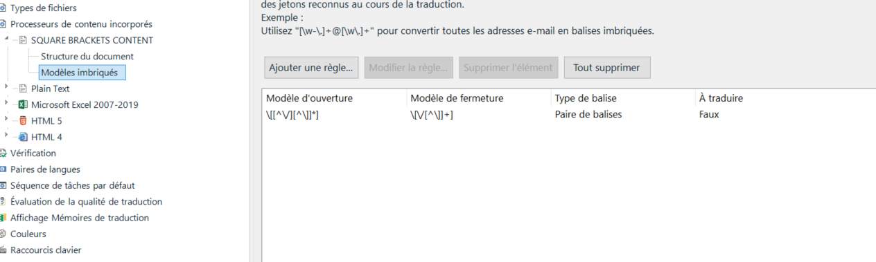 Trados Studio screenshot showing the embedded content file type settings with a focus on SQUARE BRACKETS CONTENT and regular expression rules for brackets.
