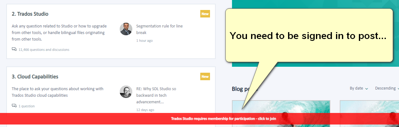 Trados Studio forum page showing a notification 'You need to be signed in to post...' with a link to join.