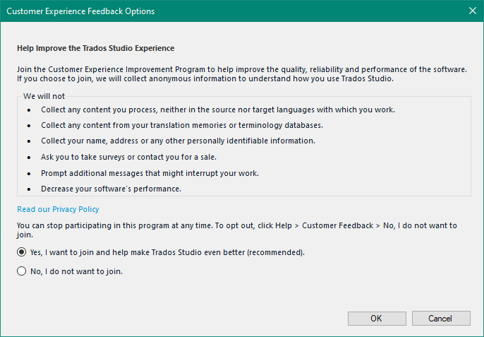 Customer Experience Feedback Options pop-up in Trados Studio with options to join or not join the program.