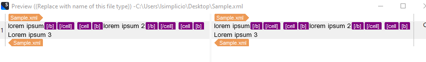 Preview of XML content in Trados Studio with tags like 'b' and 'cell' visible around text 'lorem ipsum'.
