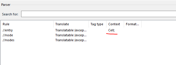 Trados Studio parser settings showing rules for XML tags with context set to 'Cell'.