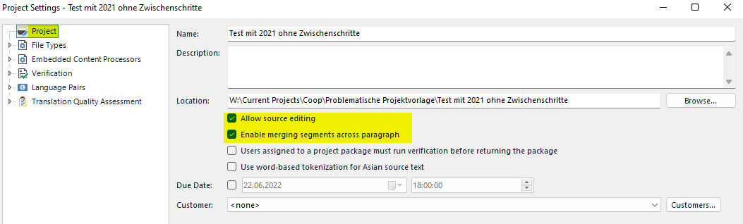 Trados Studio Project Settings window showing options under 'Project'. 'Enable merging segments across paragraph' is checked, indicating this setting is active.