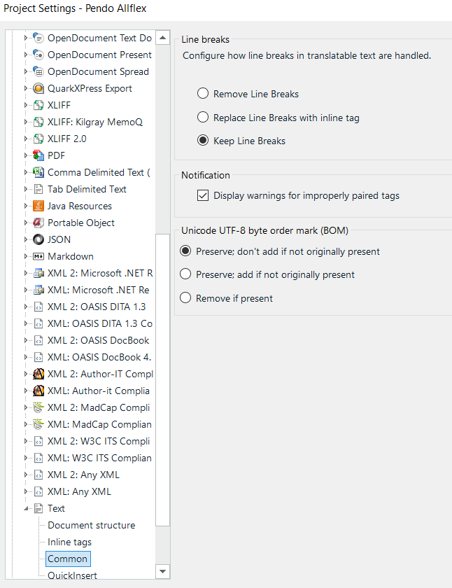 Trados Studio project settings window with options for line breaks and Unicode UTF-8 byte order mark (BOM) settings.