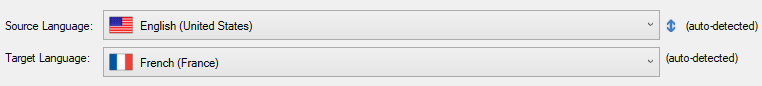 Screenshot of Trados Studio language selection dropdowns, with 'English (United States)' as source and 'French (France)' as target.