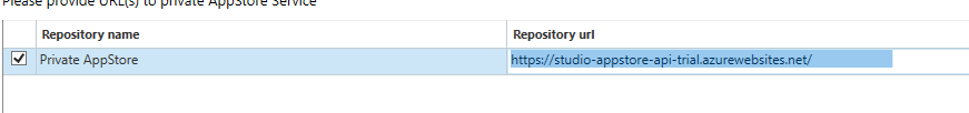 Trados Studio screenshot showing the Private AppStore repository URL field with a URL entered.